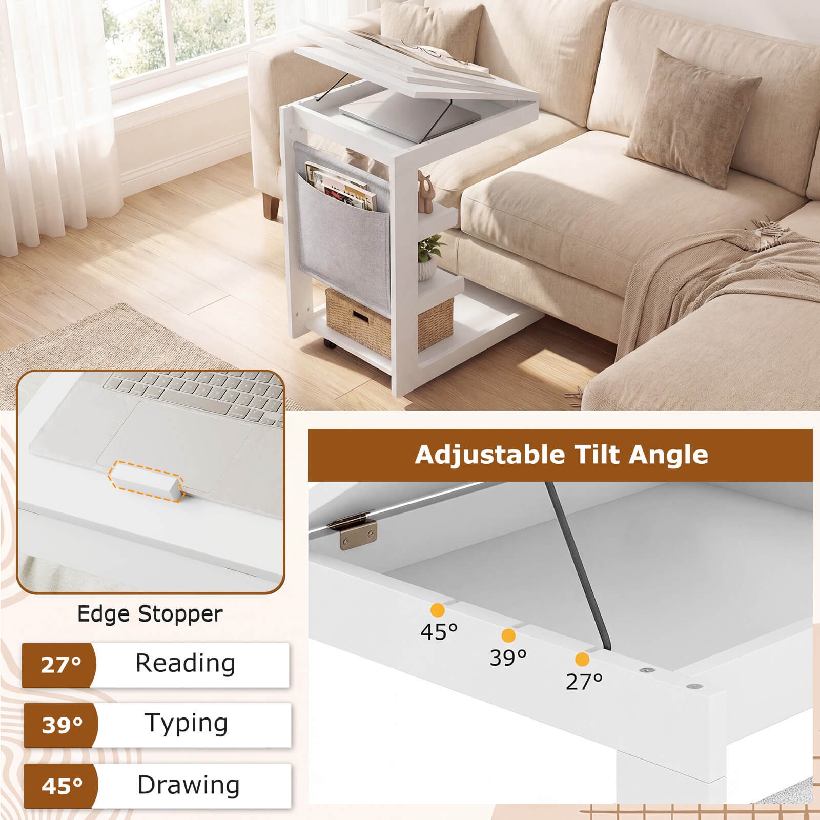2PCS C-shaped End Table w/Wheels Adjustable Desktop Edge Stopper Storage Pocket