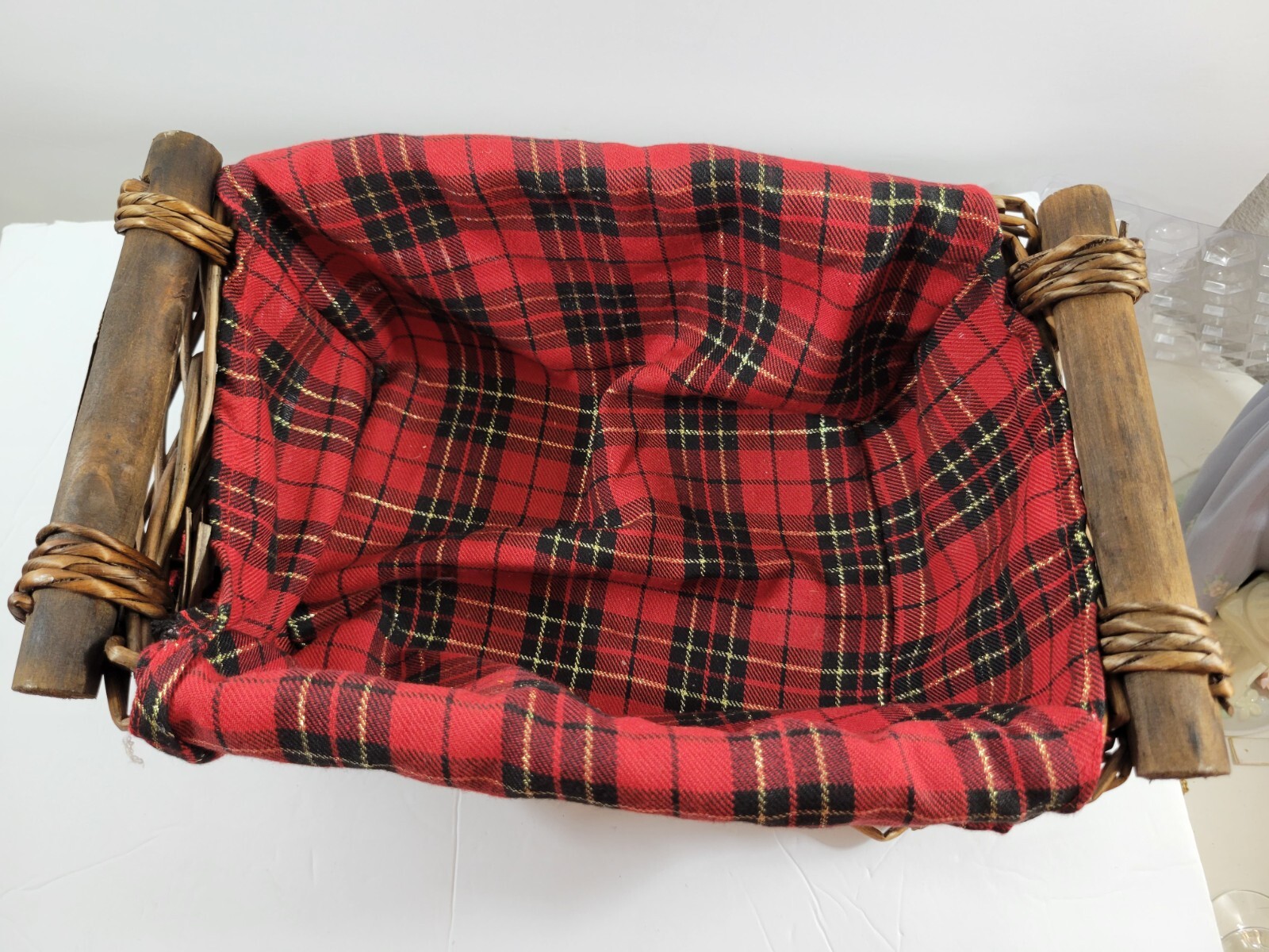Wicker Basket Red Plaid Liner Rectangle Handles