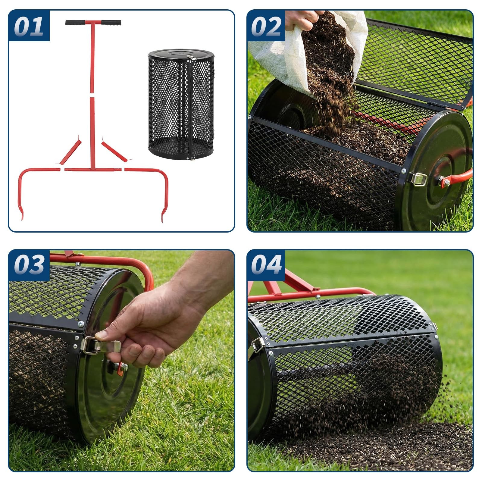 Compost Spreader, 24'' Wide Peat Moss Spreader with Handle, 3 Heights Adjustable