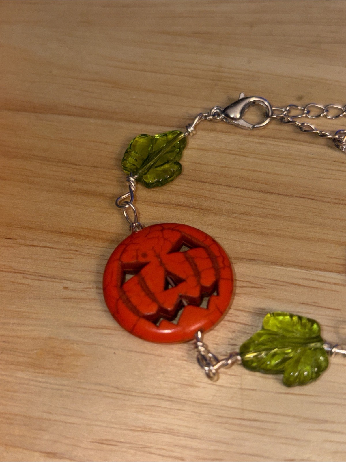 7-9” Handmade,wire wrapped Halloween Pumpkin, Leaf Bracelet