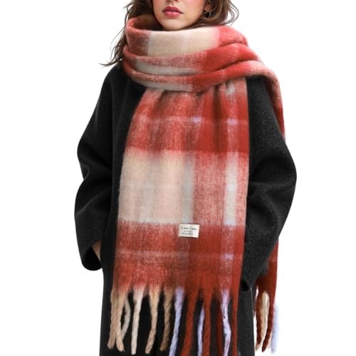 Clothirily Soft Women Warm Winter Scarf Women Cashmere Feel Red-beige Plaid