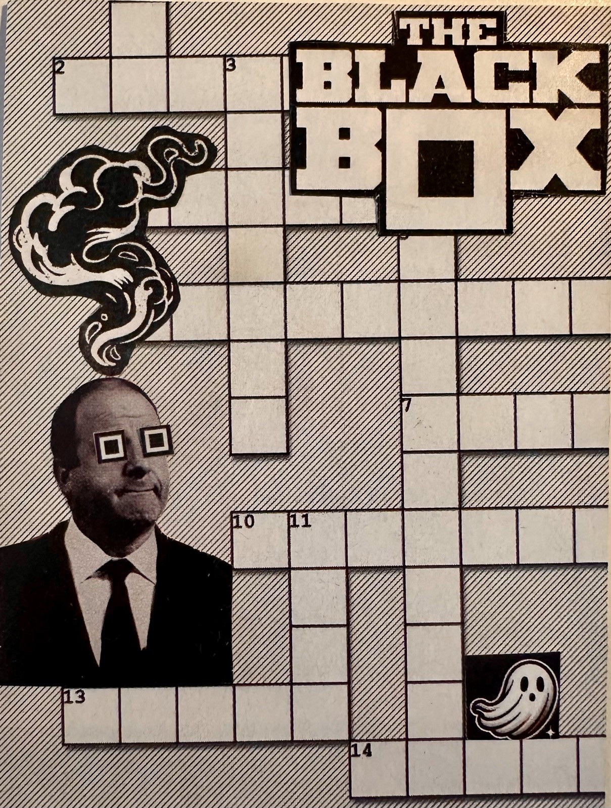 ACEO Art Card Original Mixed Media Collage Crossword Black White Strange Ghost