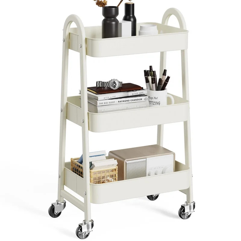Gianna 3 Tier Utility Rolling Cart, Metal Mobile Storage Shelf White
