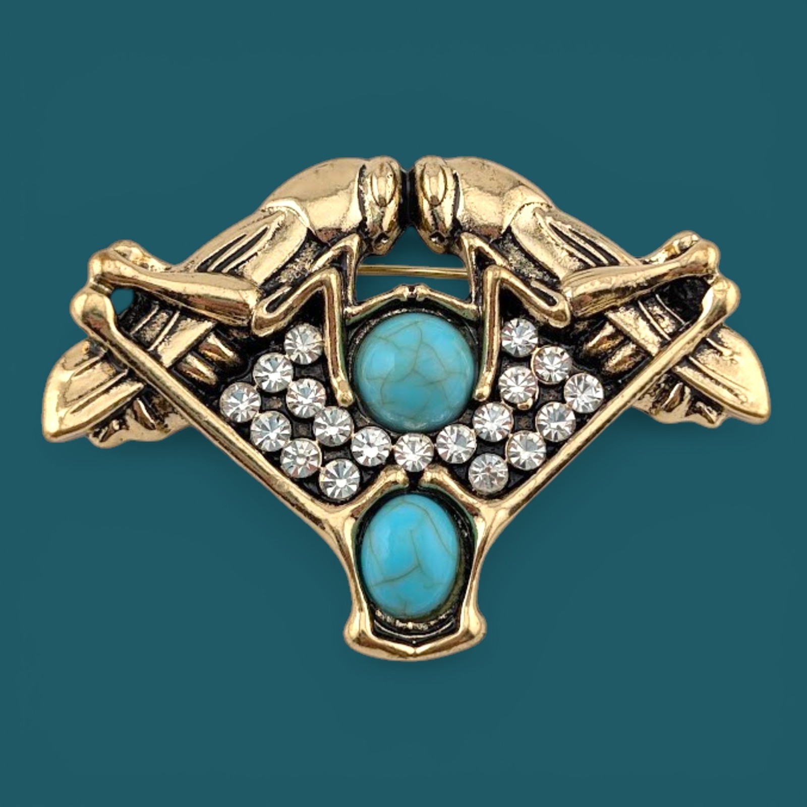 ART DECO STYLE LOCUST BROOCH crystal & faux turquoise plague grasshopper pin K5