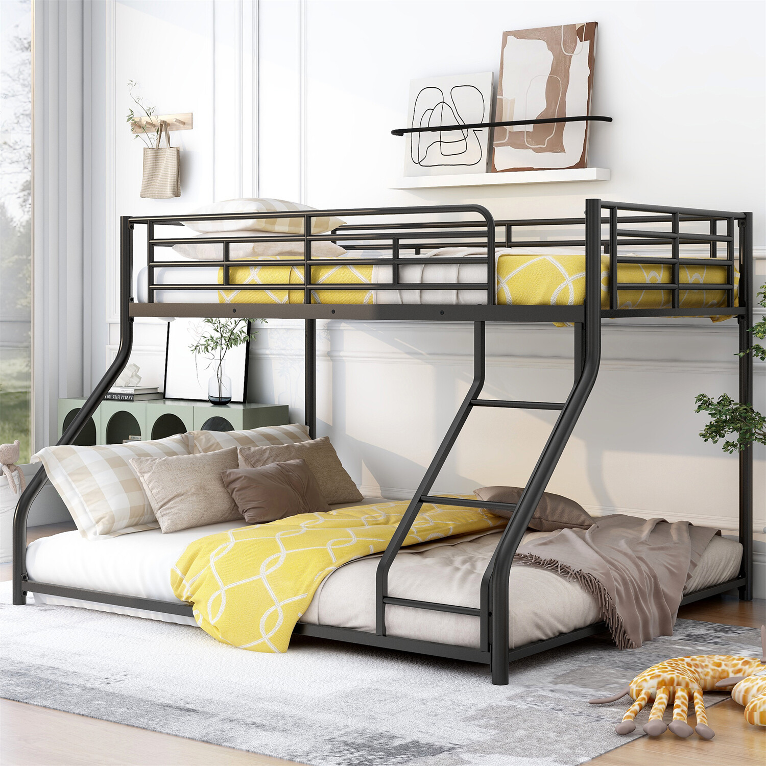 Twin XL Over Queen Bunk Bed Heavy Duty Metal Floor Bunk Bed Frame w/ Ladders