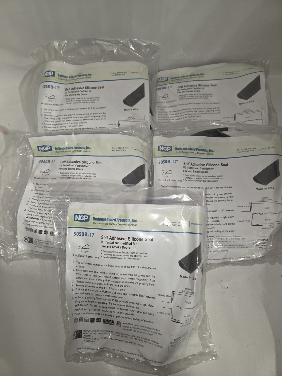 NEW 5 PCS GENUINE NGP 5050B-17' SELF ADHESIVE SILICONE SEALS, FIRE & SMOKE DOORS