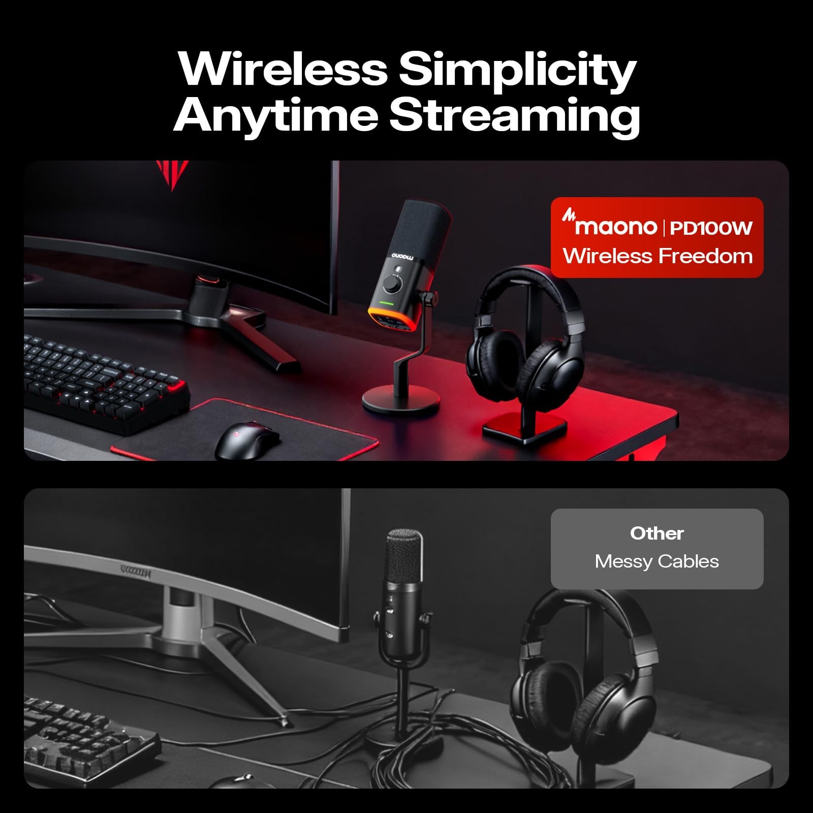 MAONO PD100WS Wireless Gaming Microphone for PC, USB-C Receiver, Black