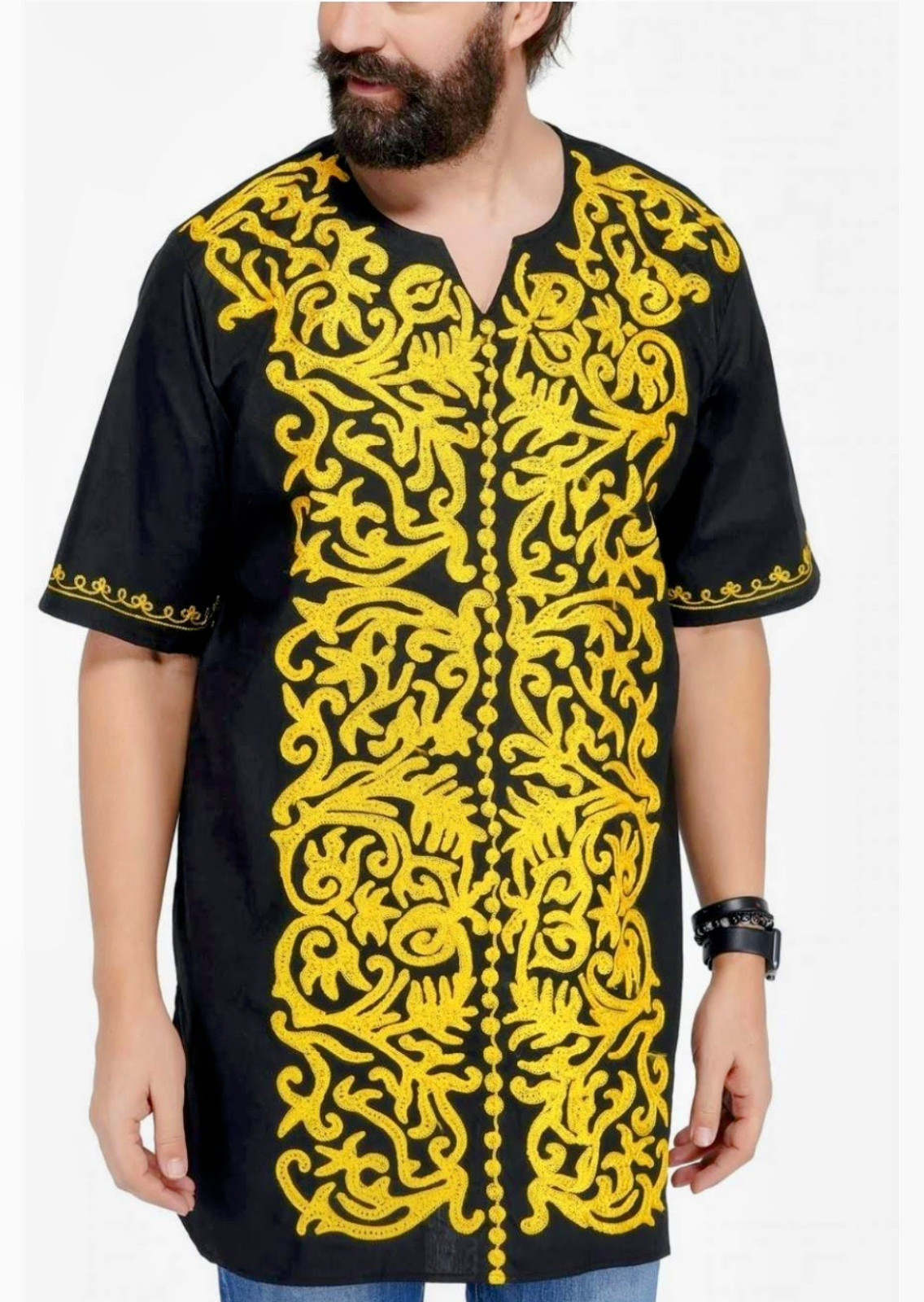 Plus Size, Embroidered African Black/Gold Men Dashiki, Cotton, 4XL
