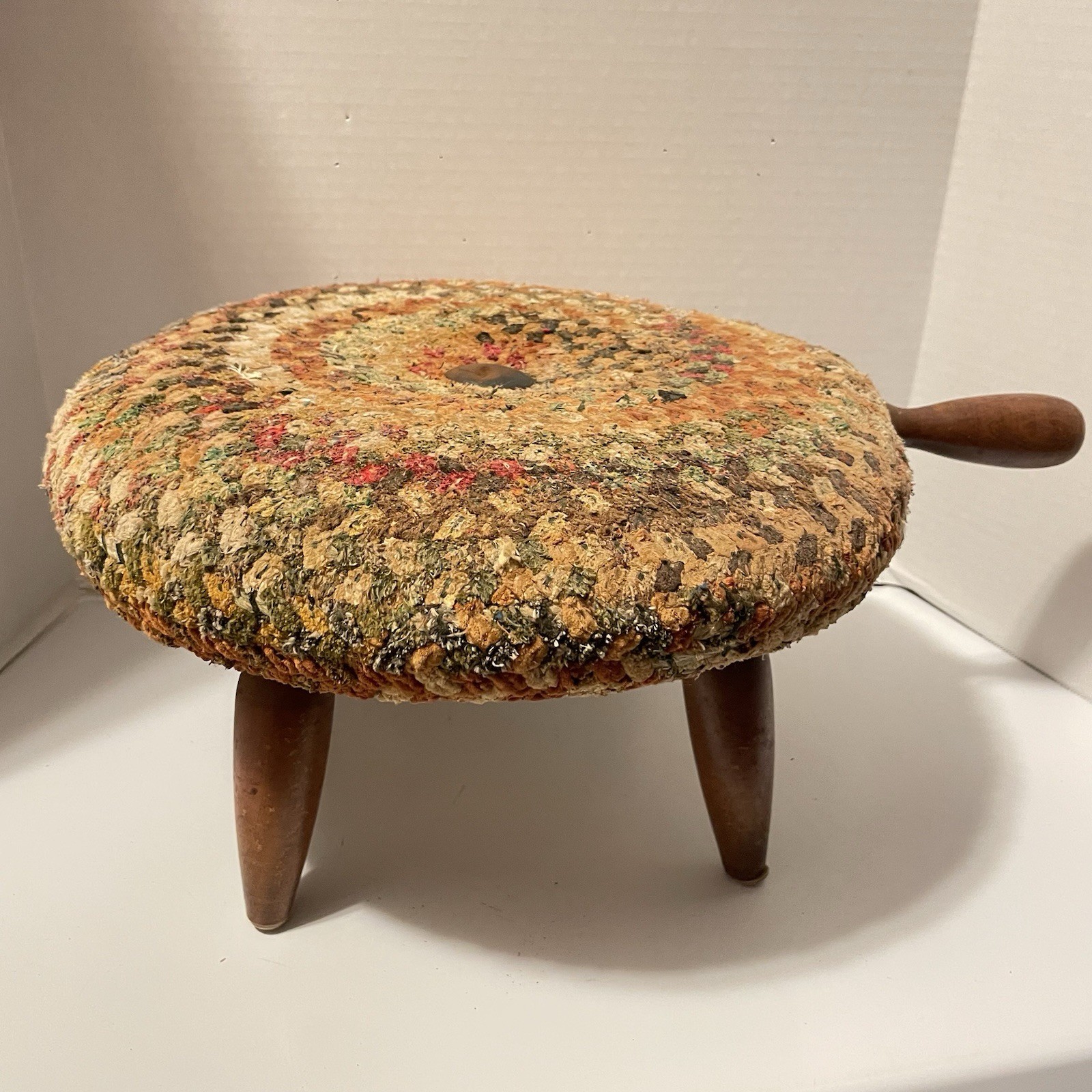 Mid-century 3 Legged Footstool With Handle & Colorful Braided Rag Top Wood Legs