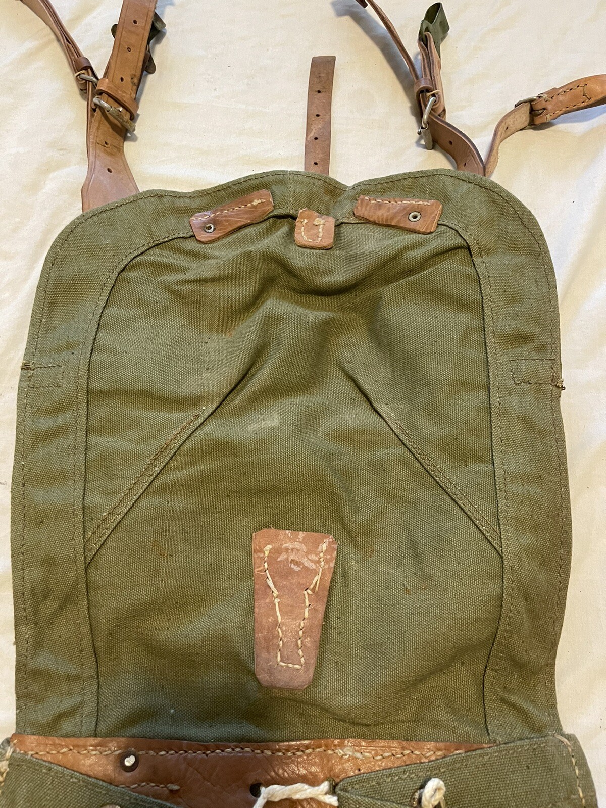 Vintage Romanian Army Canvas Backpack With Leather Shoulder Straps.