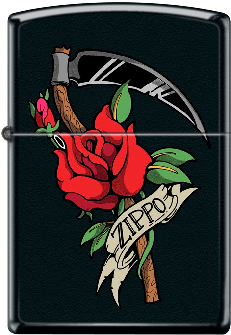 ZIPPO Black Matte Tattoo Art Rose Reaper, New in Box