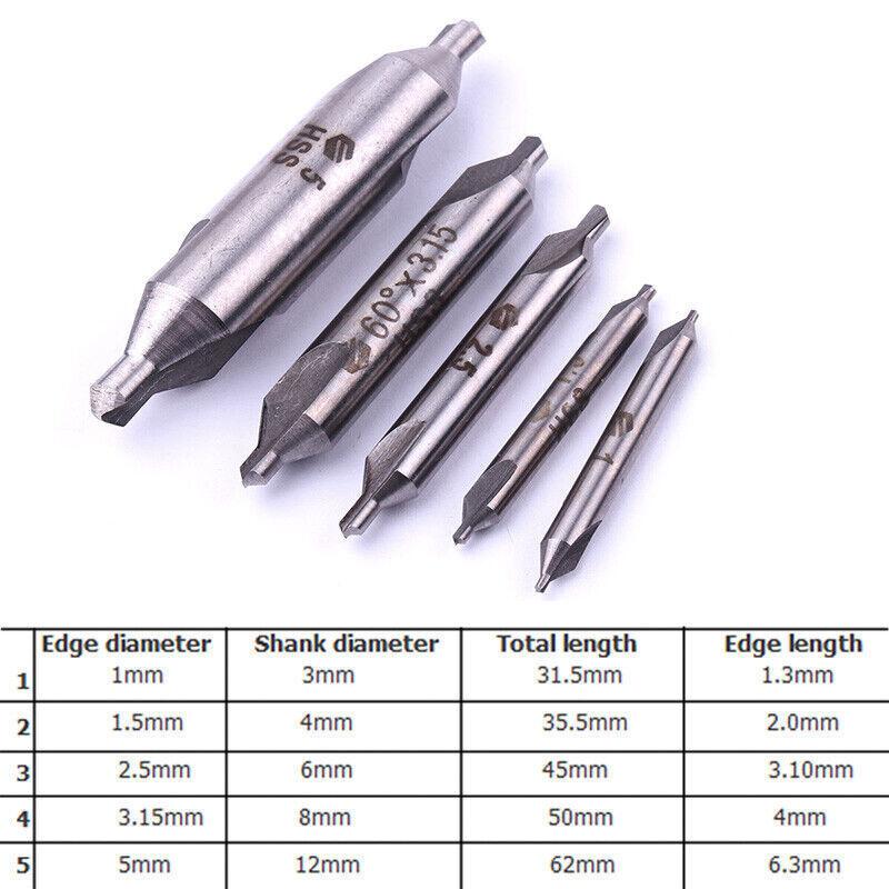 5 Pcs Premium HSS Center Drill Set 60°Combined Countersink #1,2,3,4,5 mm