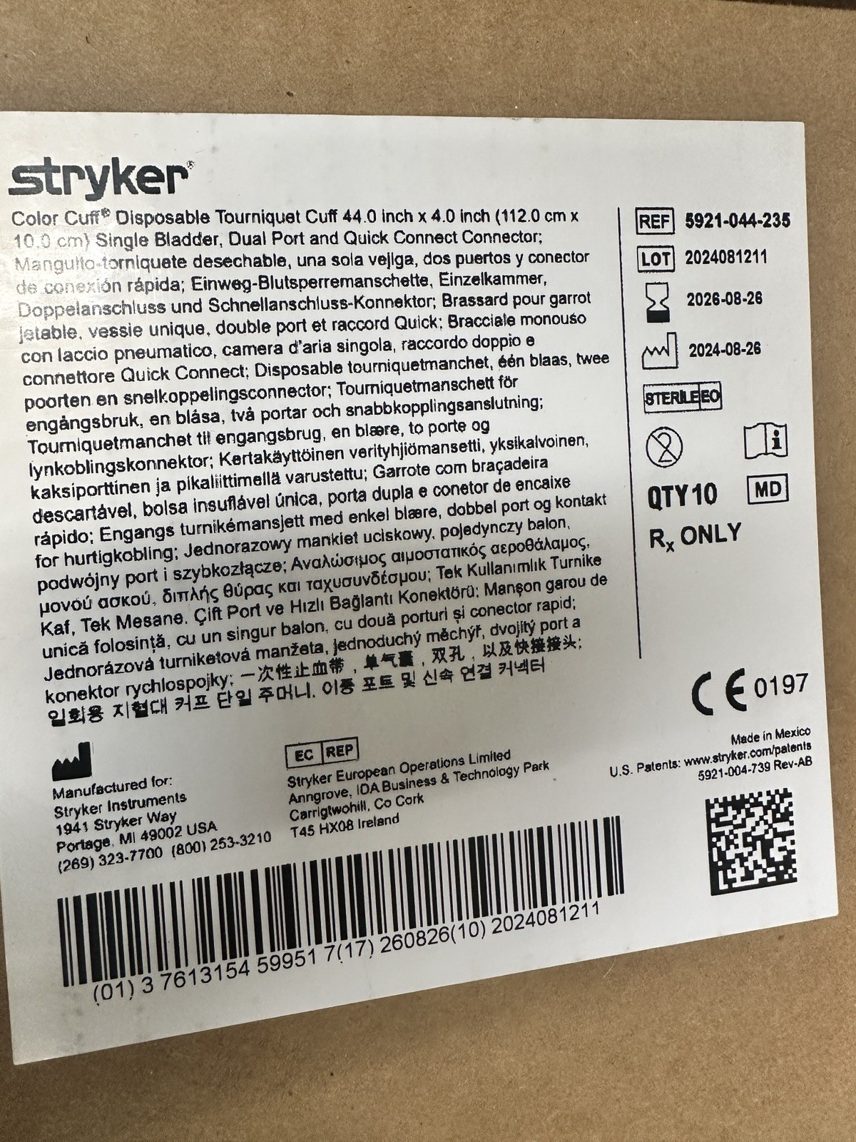 Stryker Color Cuff Tourniquet Single Bladder 44-inch 5921-044-235, Case of 10
