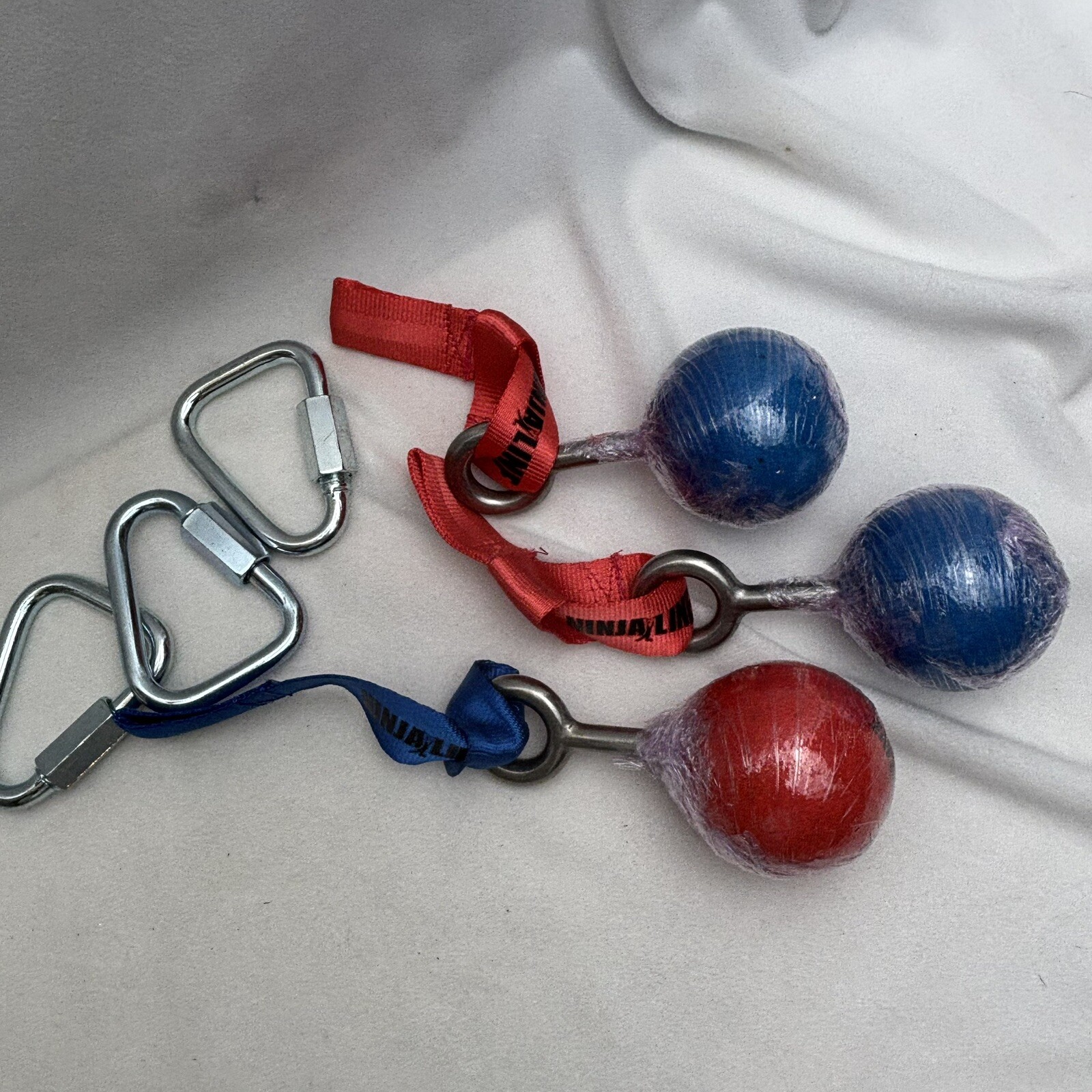 Ninjaline Slack Line Attachment Ball Grips One Red Two Blue W/ Clips And Straps