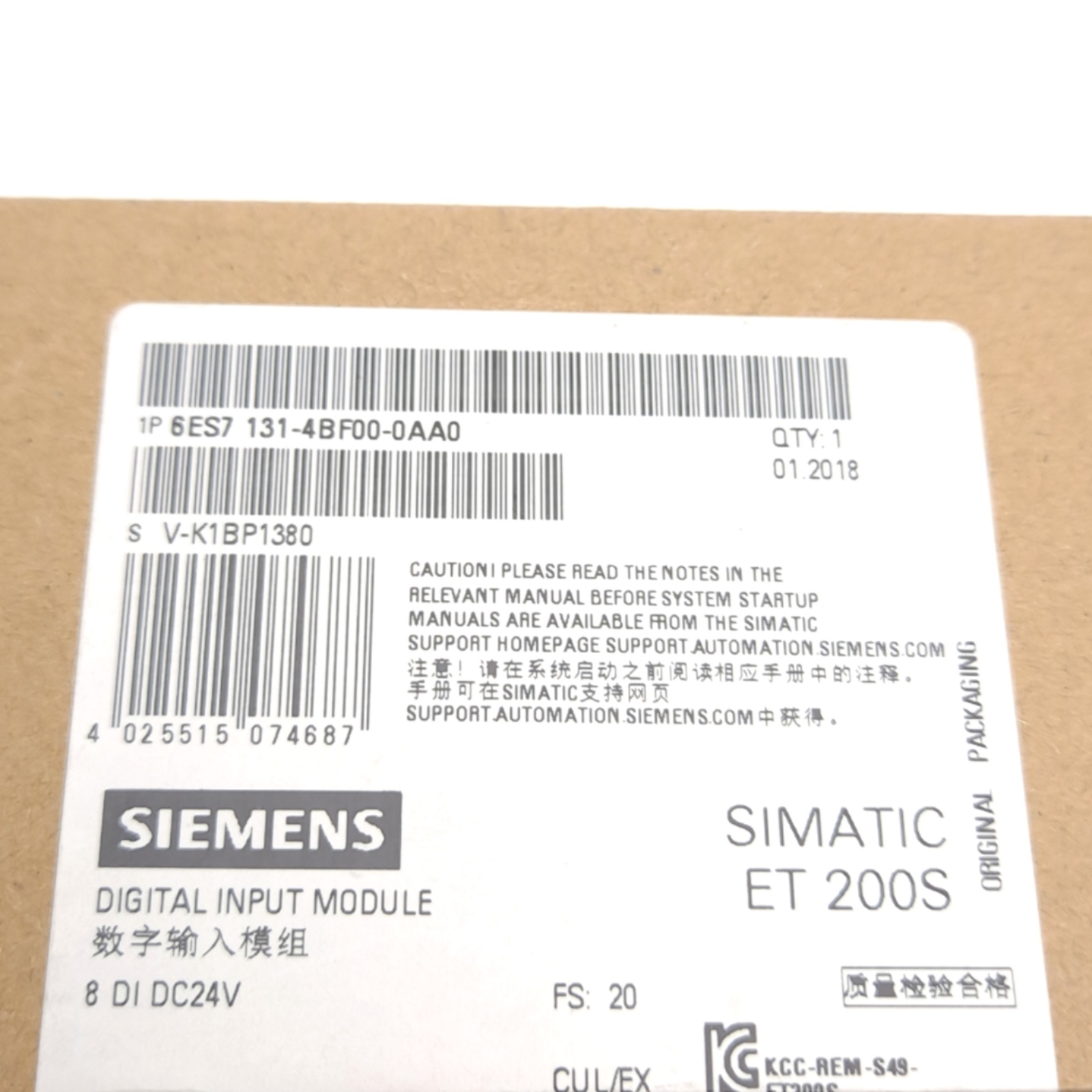 Siemens 6ES7131-4BF00-0AA0 Digital Input Module, 8-Input, 24VDC, For ET 200S