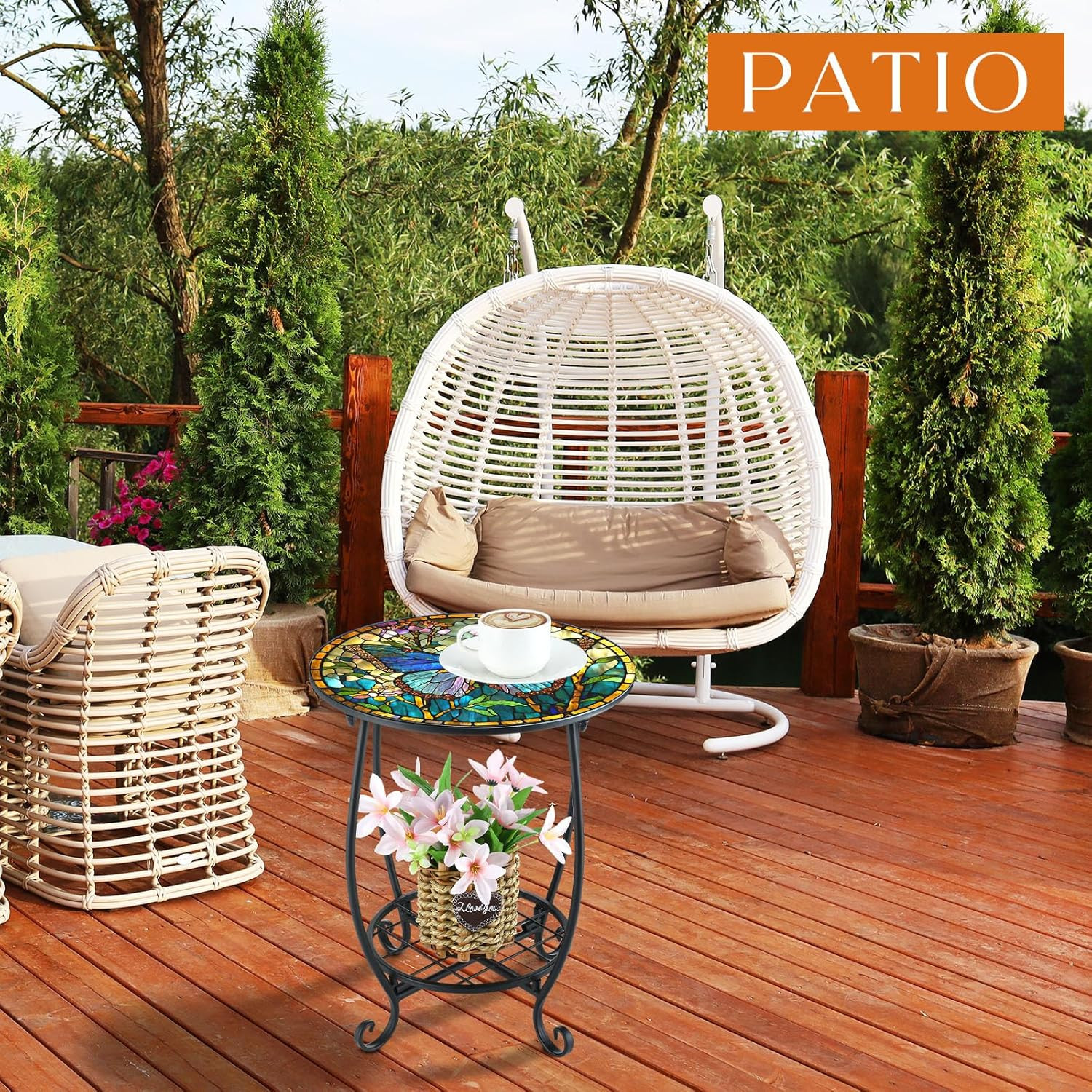 Small Round Mosaic Side Table for Indoor Outdoor Use - 14 Inch