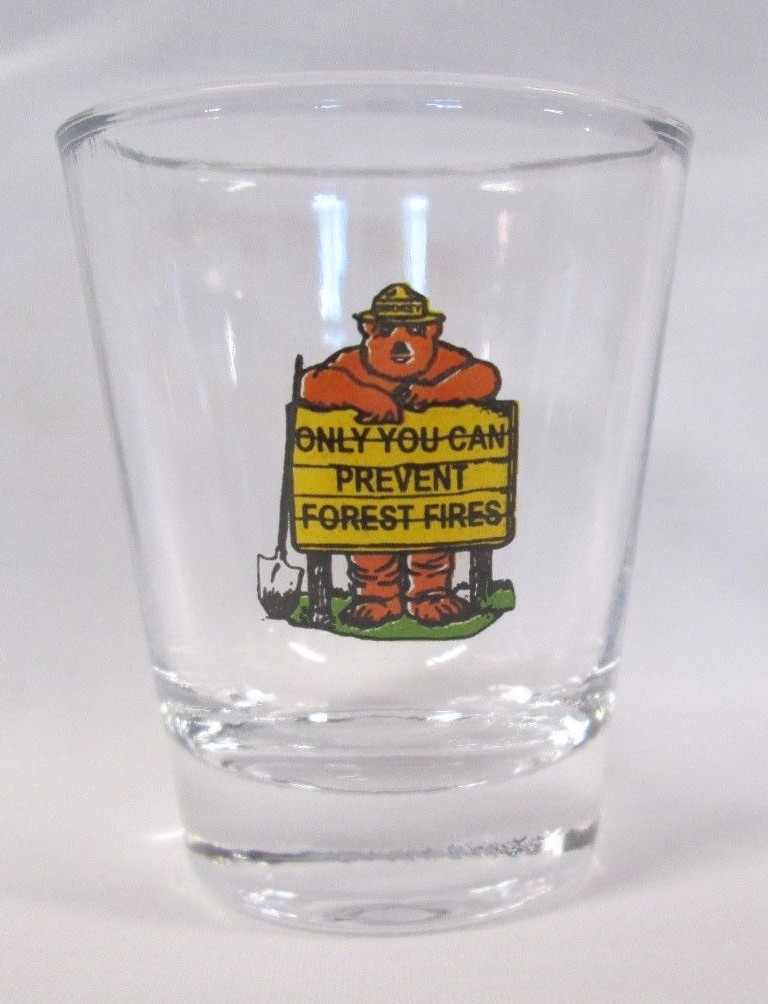 'Only You Can Prevent Forest Fires' Bear Image on Clear Shot Glass