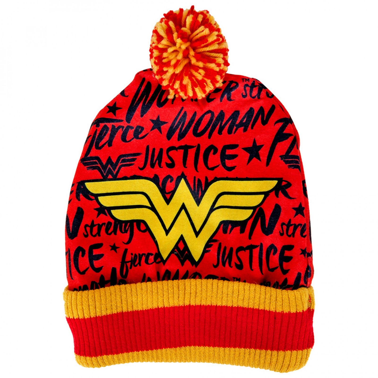 Wonder Woman WW Chest Logo Over Words Pom Beanie Hat NEW UNWORN