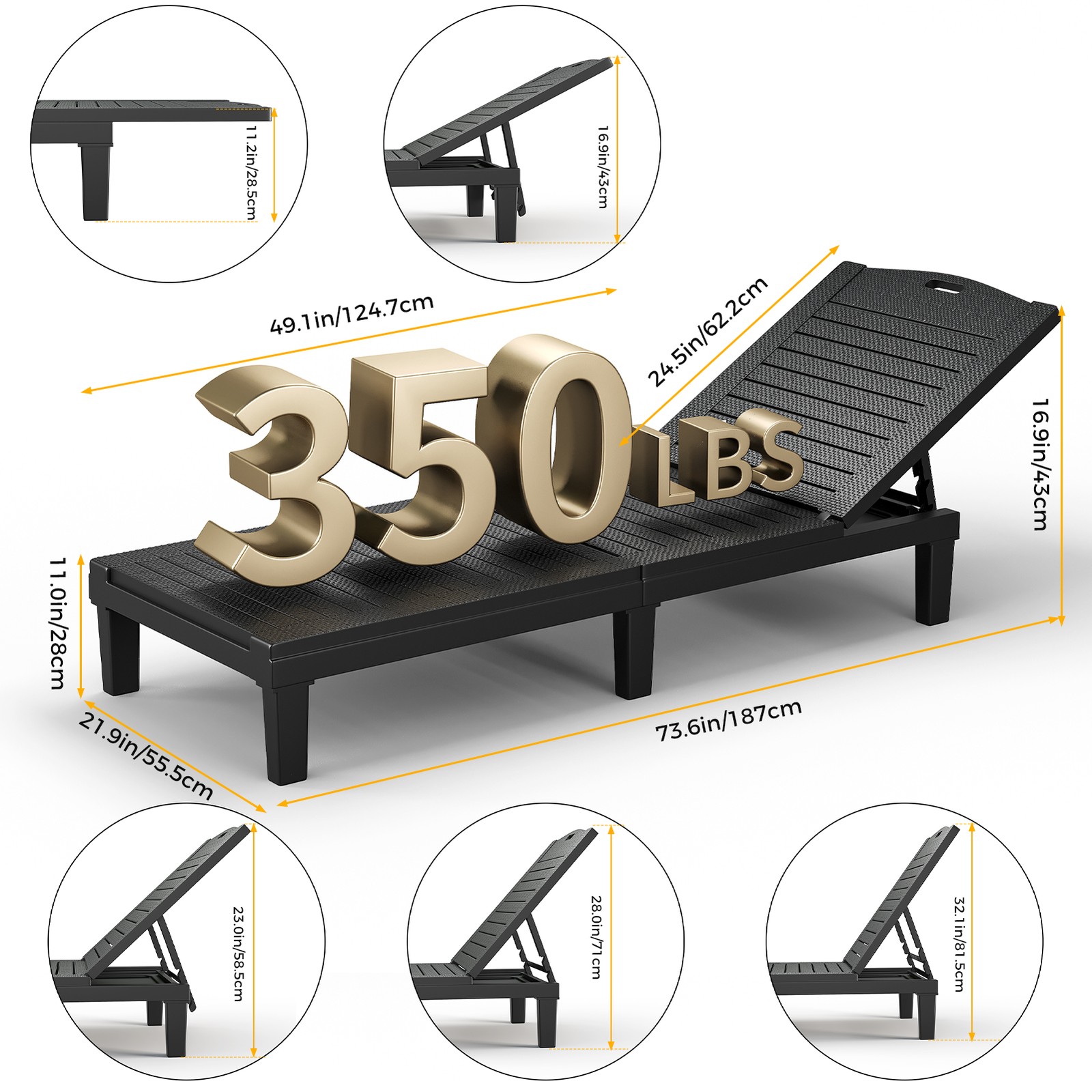 2PCS Lounge Chair Outdoor 5 Position Adjustable Pool Chaise Chair Patio Beach