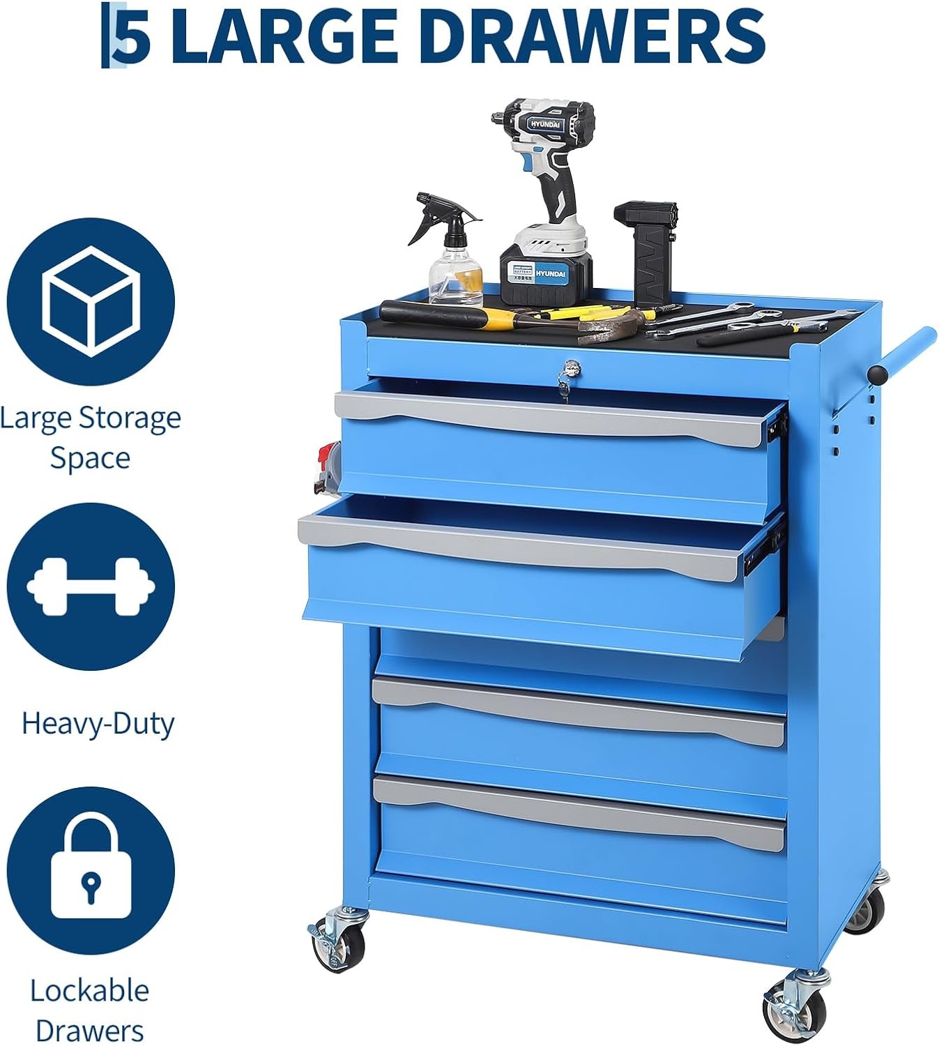 Hetoy 5-Drawer Tool Chest with Lock,Heavy-Duty Modular Steel Toolbox Rolling