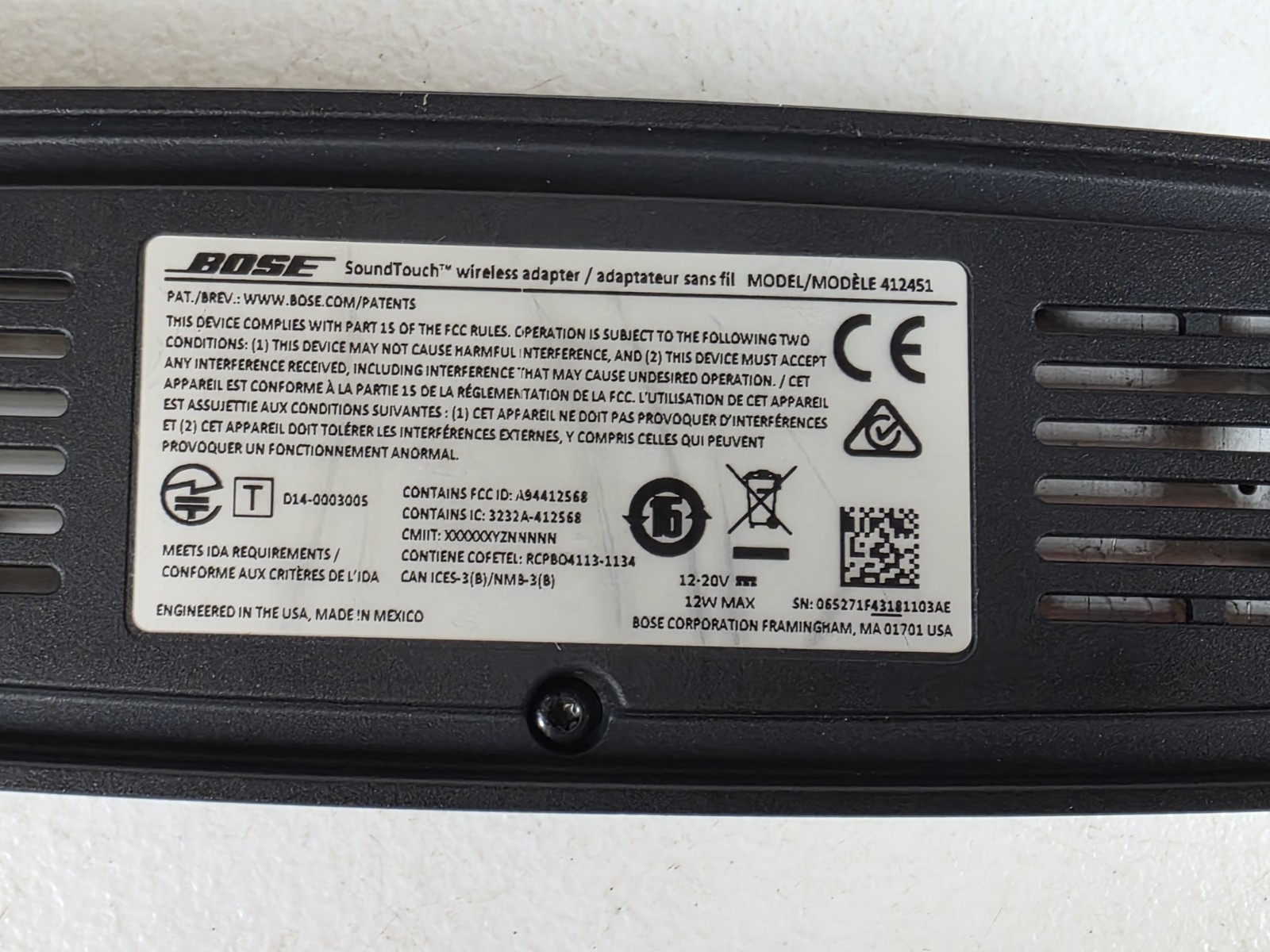 Bose SoundTouch Wireless Adapter WiFi Bluetooth 412451-SM2