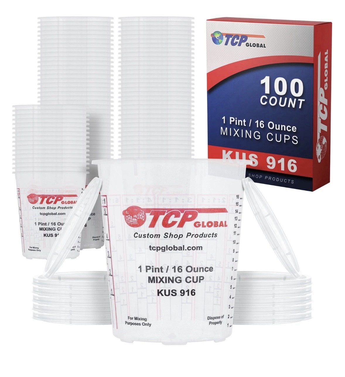 16-Ounce (1 Pint) Paint & Epoxy Mixing Cup Calibrated Ratios - 100 Cups/12 Lids