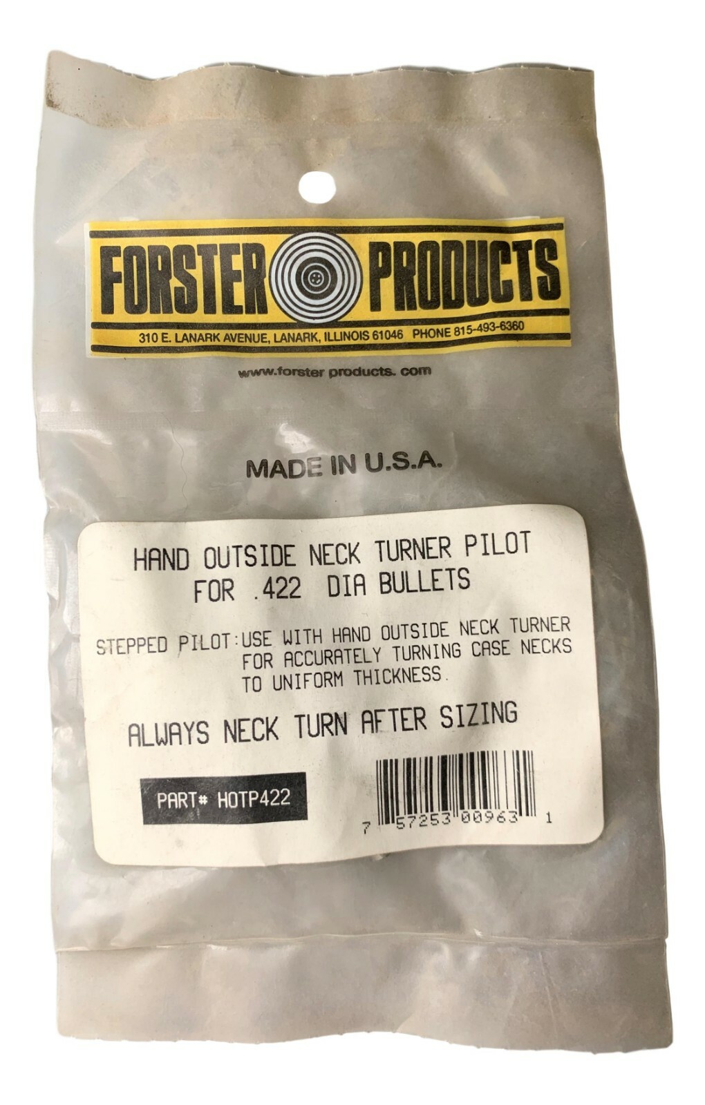 NOS Forster Pilot Hand Outside Neck Turner Pilot For .422 Dia Bullets #HOTP422