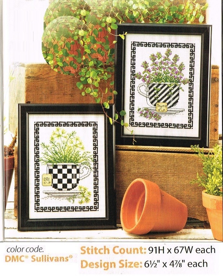 TEACUPS HERBS THYME & DILL CROSS STITCH  PATTERN ONLY -   YD  WEA