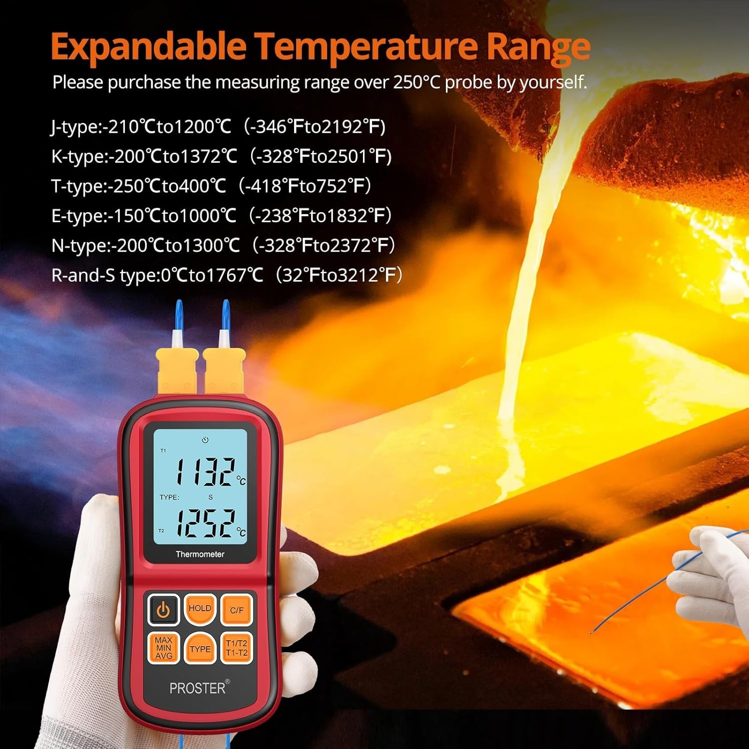 Digital Thermometer with Dual K Type Probes, High Temp Meter, LCD Display