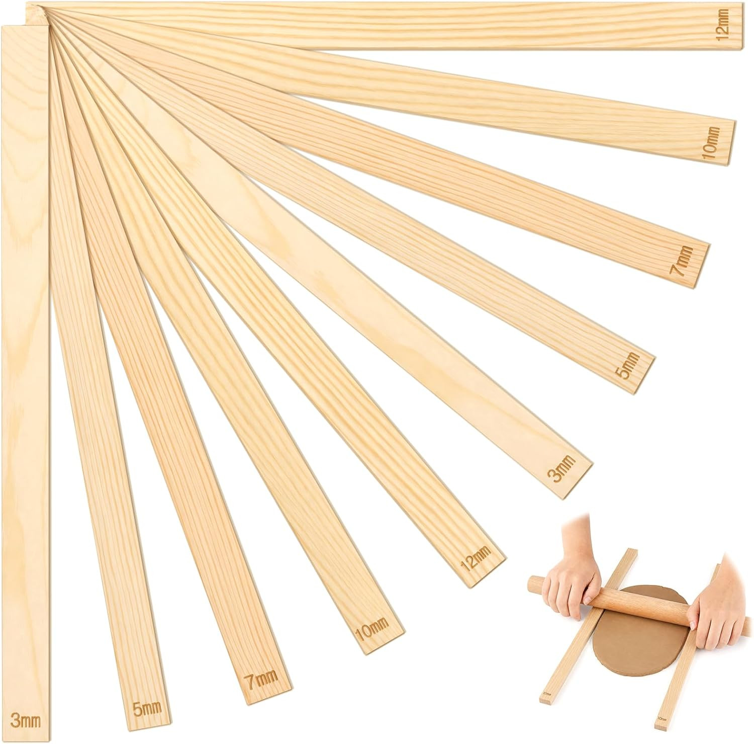10 Pottery Clay Slab Sticks, 5 Sizes 0.12-0.47In Rolling Guides | Wood Depth Str