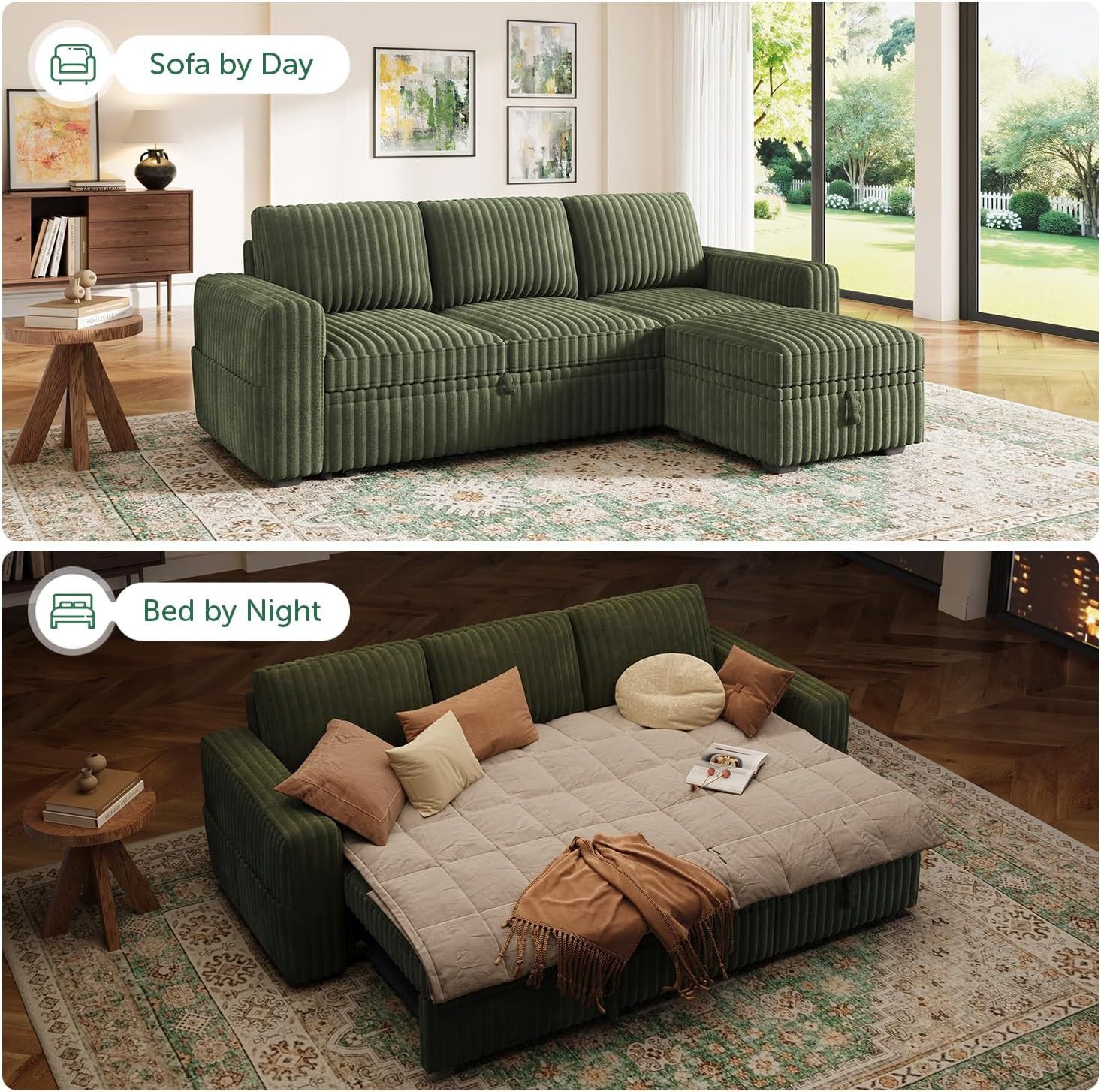 Modular Sectional Sofa with Pull Out Bed,Corduroy L Shaped Sleeper Sofa with Sto