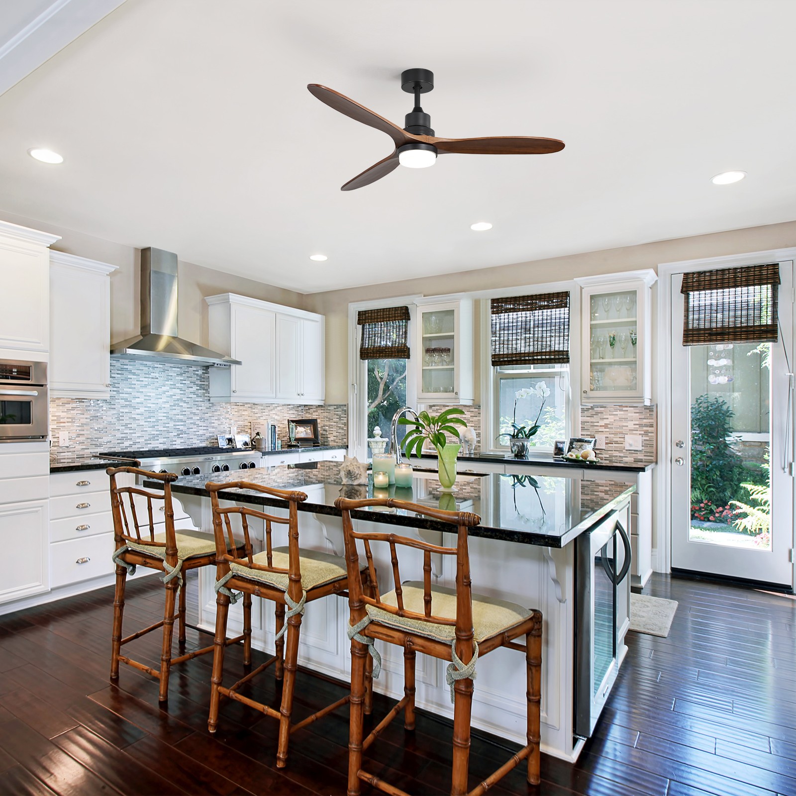 60" Ceiling Fan With Lights 3 Solid Wood Fan Blade Noiseless Reversible Motor