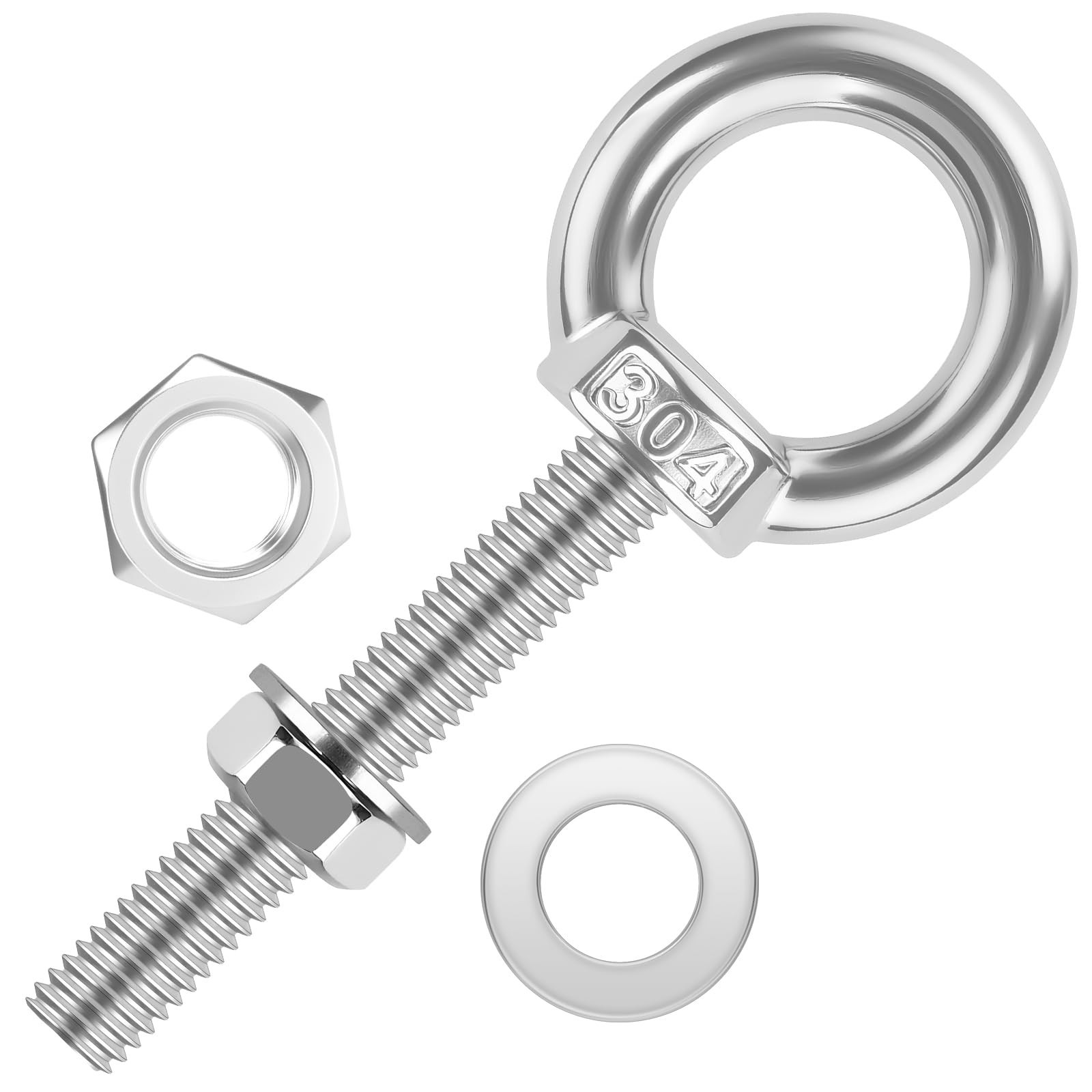 4 Pack M6 x 50mm Stainless Steel Eye Bolts with Nuts & Washers, Lifting Ring ...