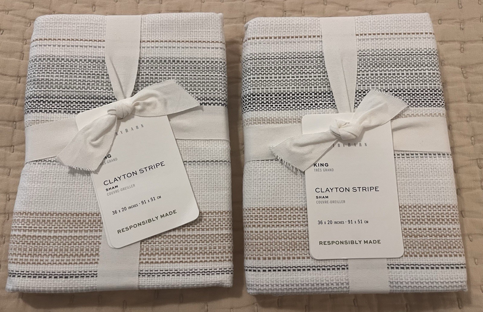 2 Pottery Barn CLAYTON STRIPE SHAMS King Neutral~ NEW