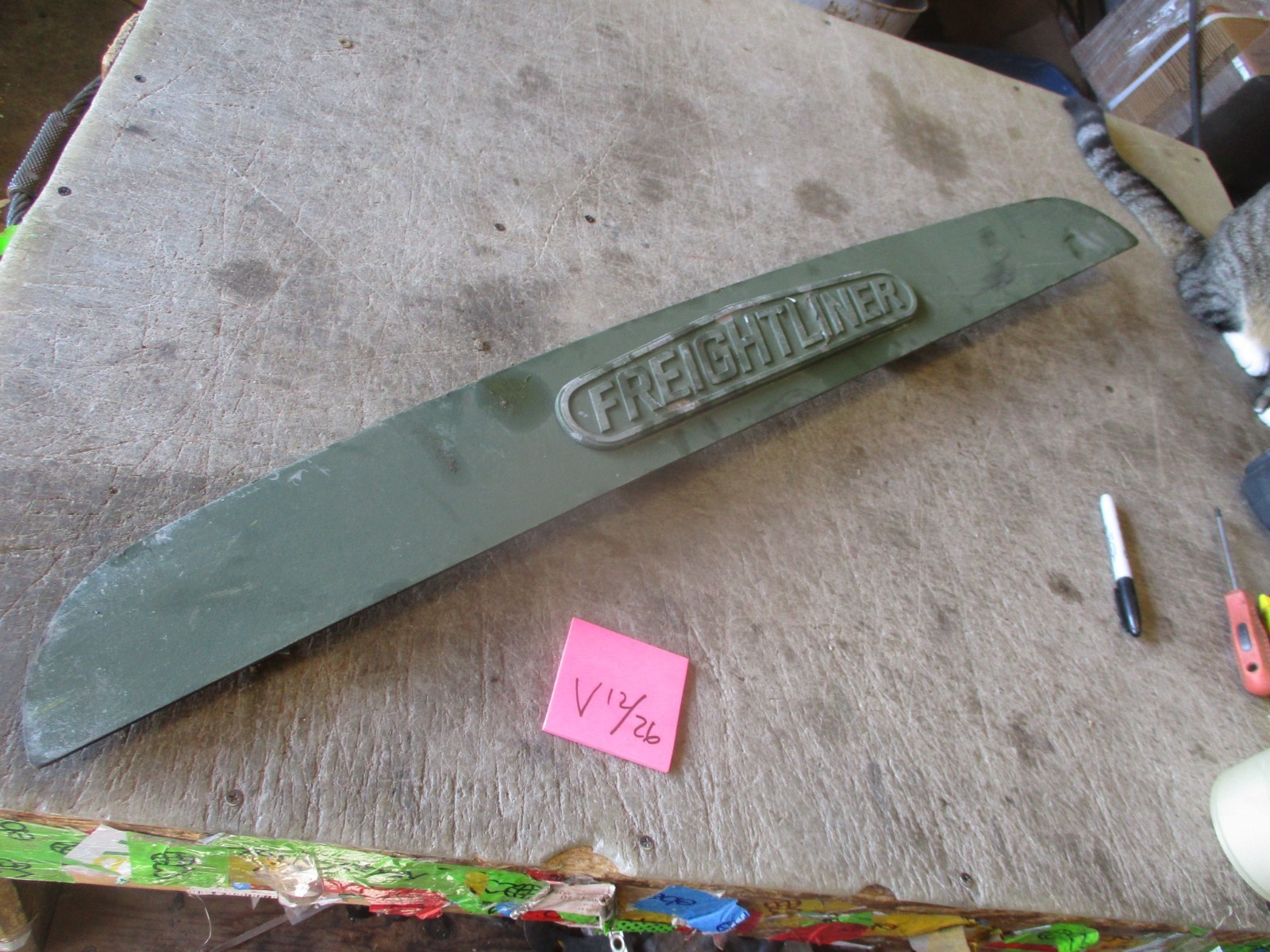 Used FREIGHTLINER Emblem, Aluminum Mounted to Steel Bracket, Military Truck Part