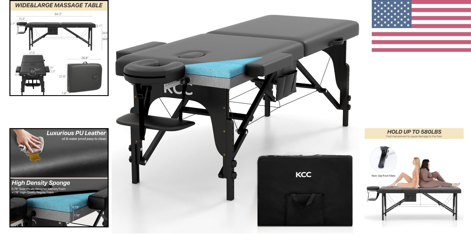 Comfortable & Portable 84" Memory Foam Massage Table with Accessories Included
