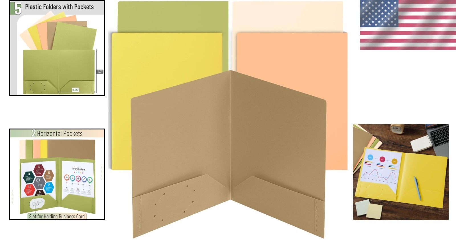 5-Pack Water-Resistant Plastic Folders | 2-Pocket Aesthetic Organizer