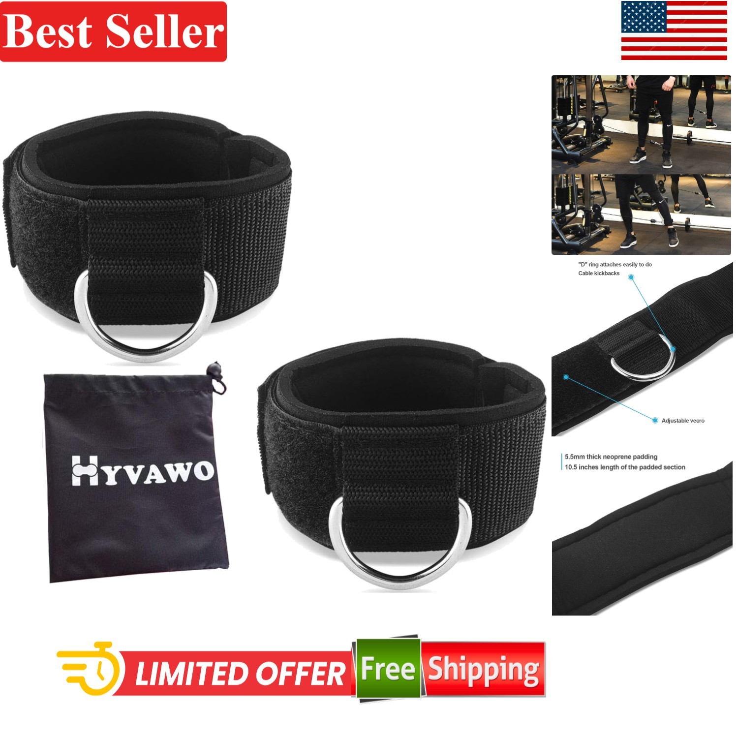 Ankle Straps Neoprene Padded Fitness Wrist Cuffs with D Ring 2 Pack Black