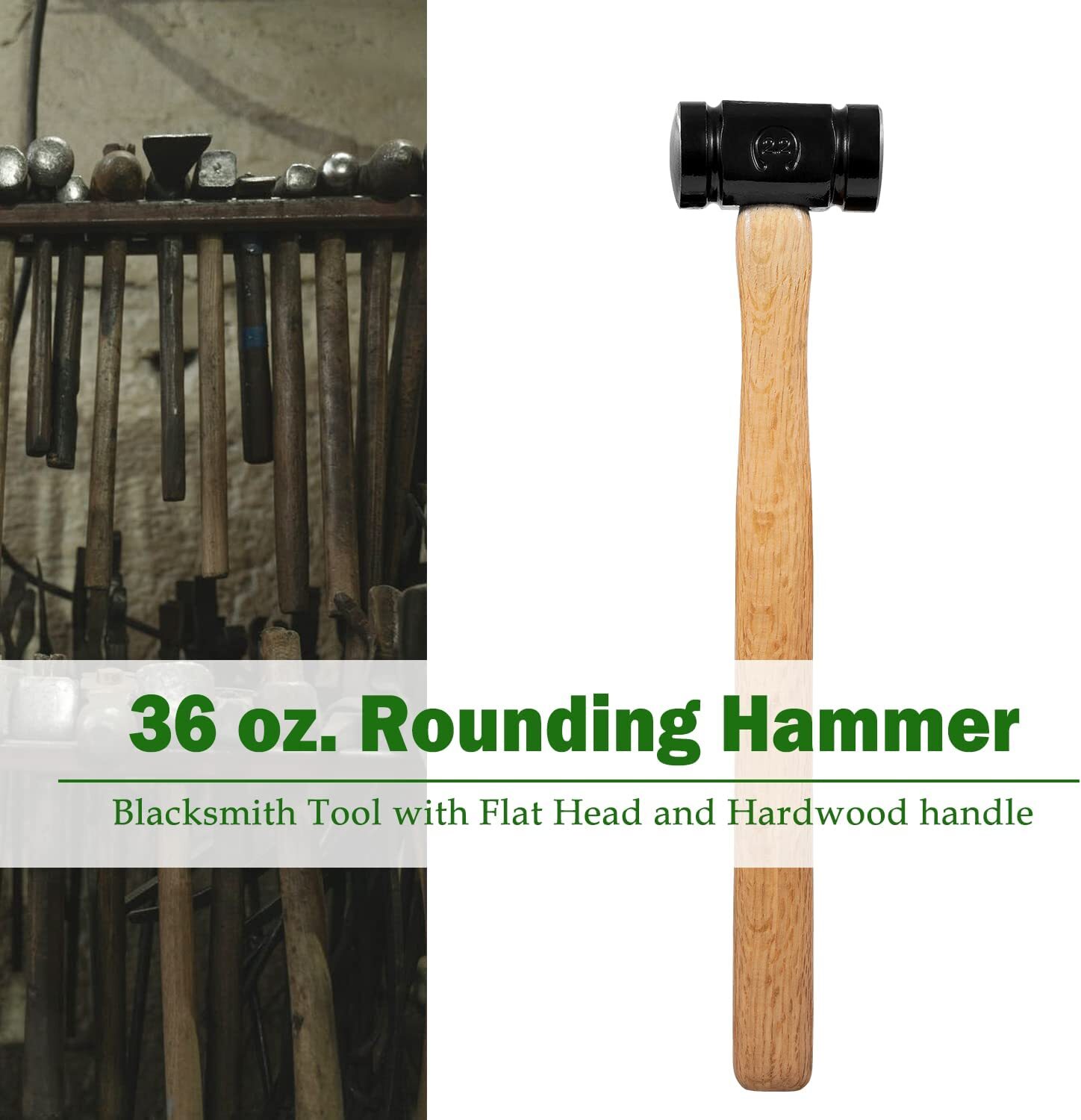 36oz Round Hammer Farriers Tool Flat Head & Hardwood Handle Blacksmith Hammer
