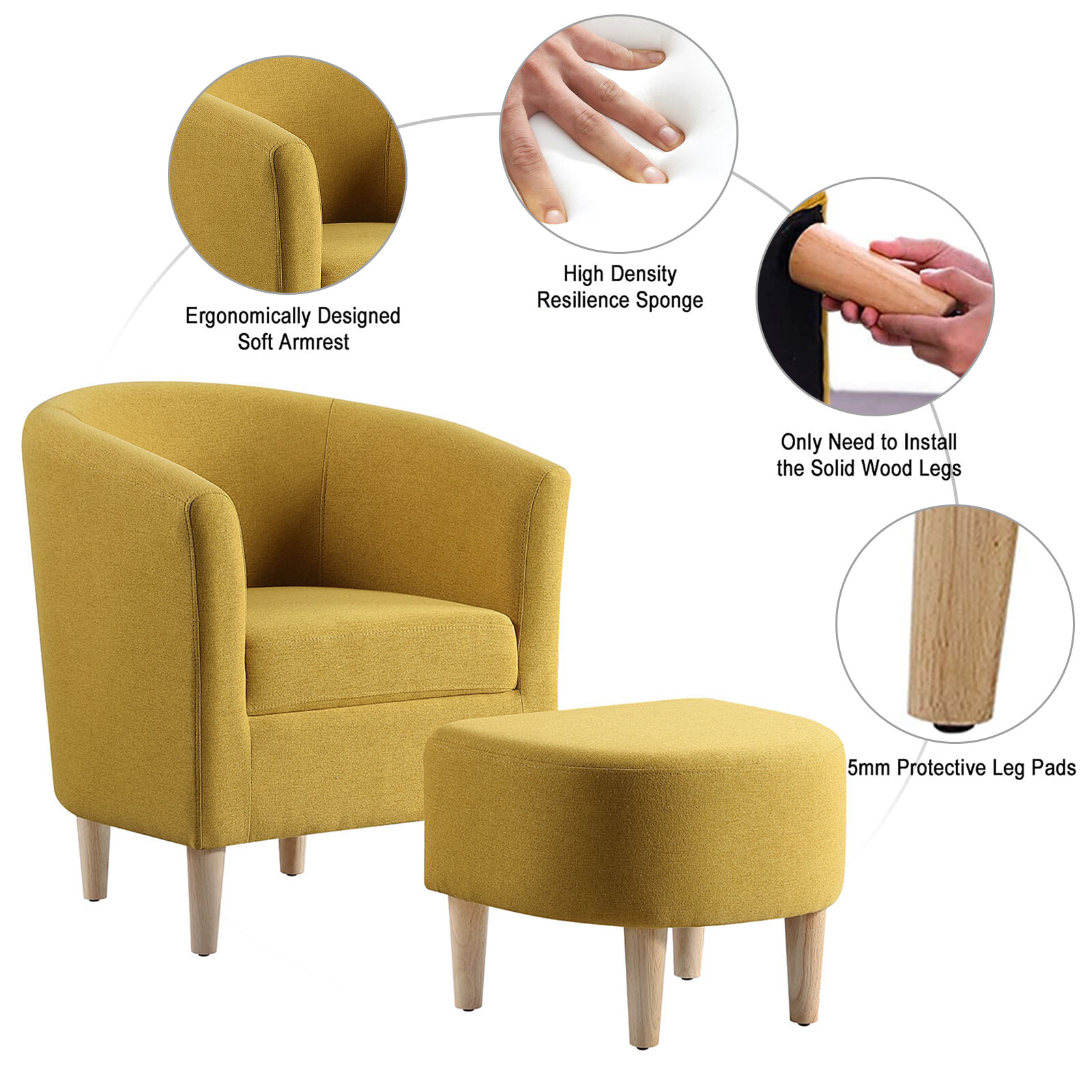Yellow Accent Chair w/ Ottoman Set Modern Lounge Arm Chair Living Room Chair