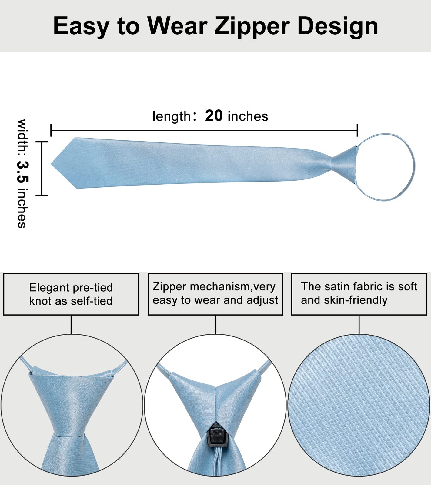 Light Blue Zipper Tie for Men Pre-tied Satin Neckties and Pocket Square Set S...