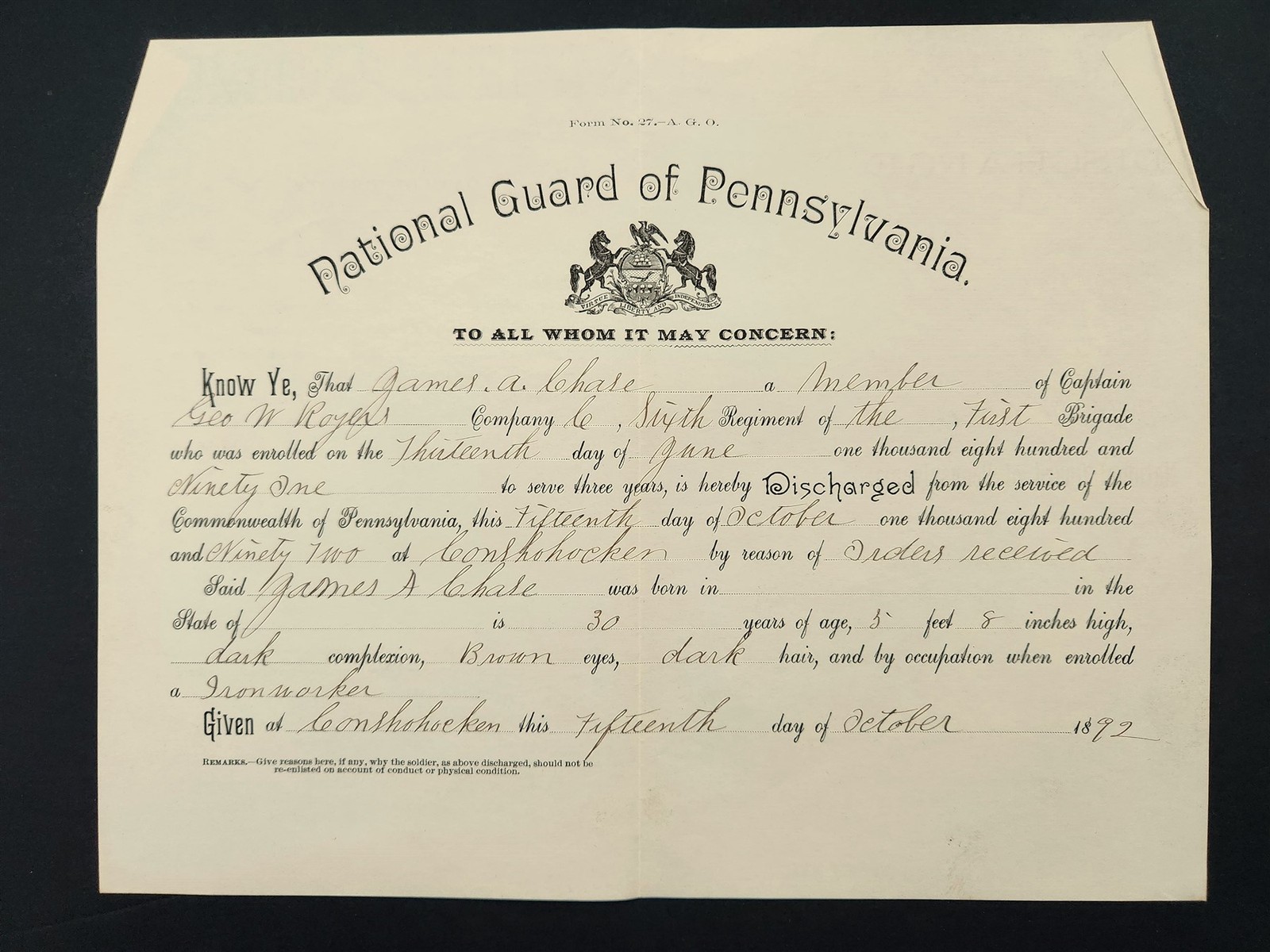 1892 antique NATIONAL GUARD of PA DISCHARGE Co C conshohocken JAMES CHASE royer