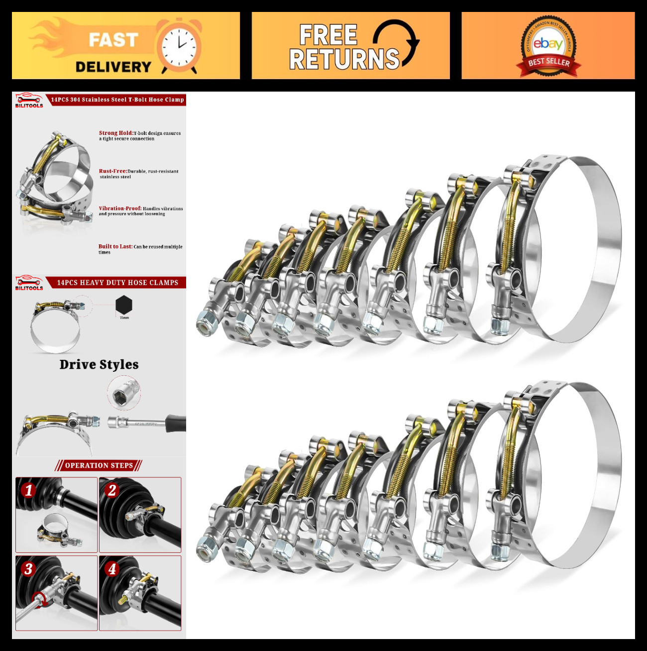 14PCS Heavy-Duty T-Bolt Hose Clamp Set, 304 Stainless Steel, Turbo Intake & Radi