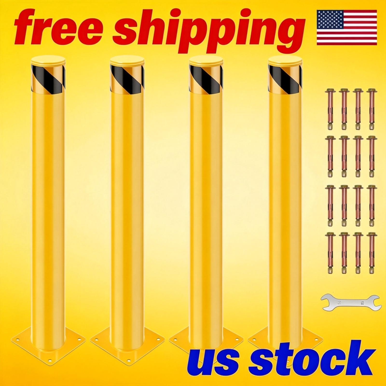 48 x 4.5 Inch Removable Steel Safety Bollard Post, Yellow High-Vis Surfac Pack 4