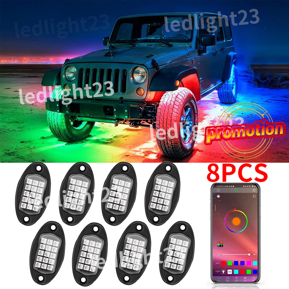 8 Pods Fit Jeep Wrangler JKU JK RGB LED Neon Rock Light Underbody Bluetooth APP