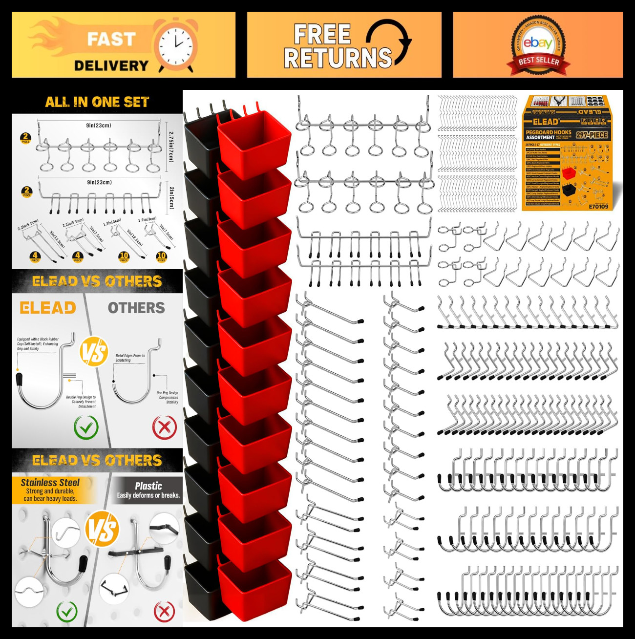 297-Piece Pegboard Hooks Kit with Bins - Tool Organizer for Garage, Kitchen, Cra