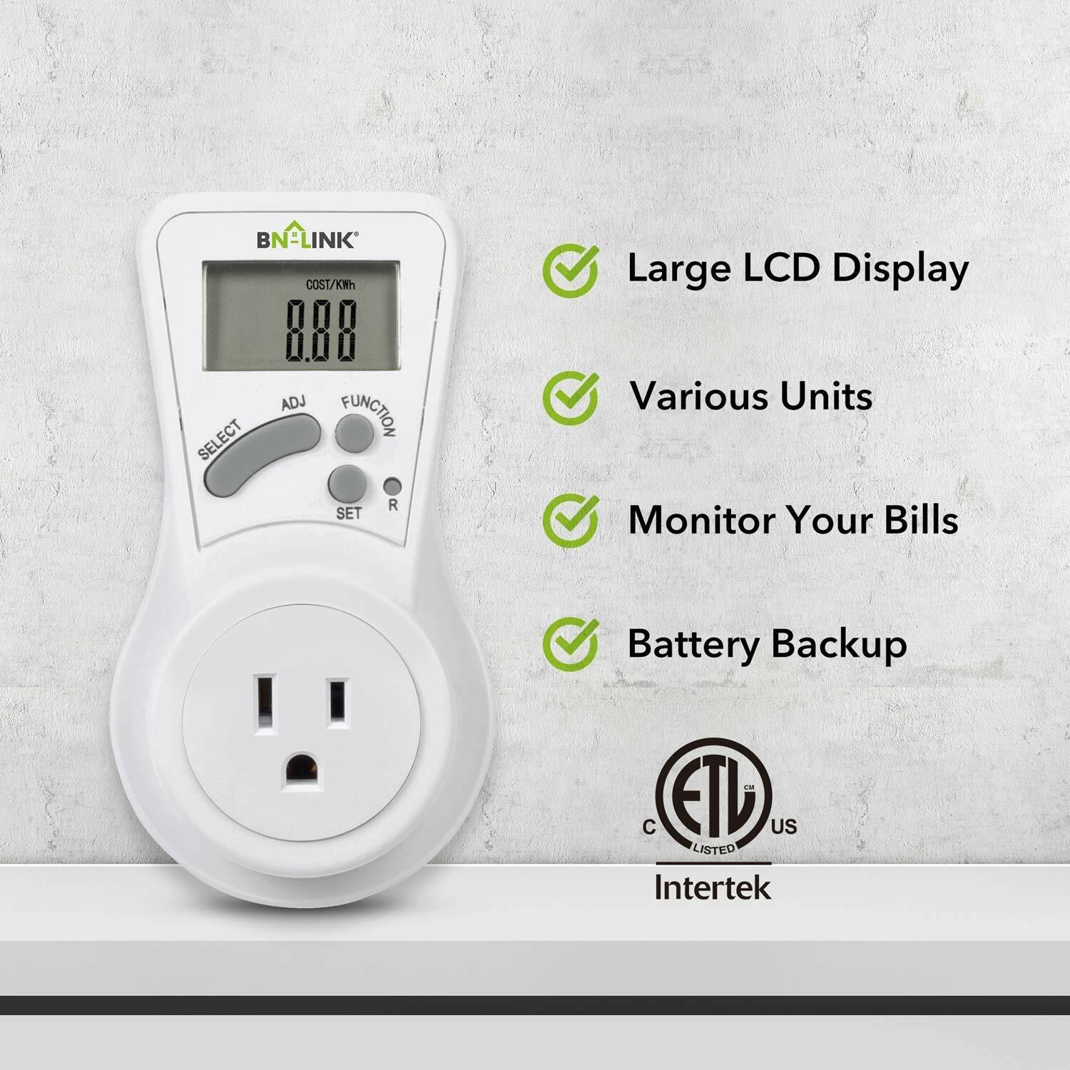 BN-LINK Plug-in Power Energy Watt Voltage Meter Electricity Usage LCD Monitor
