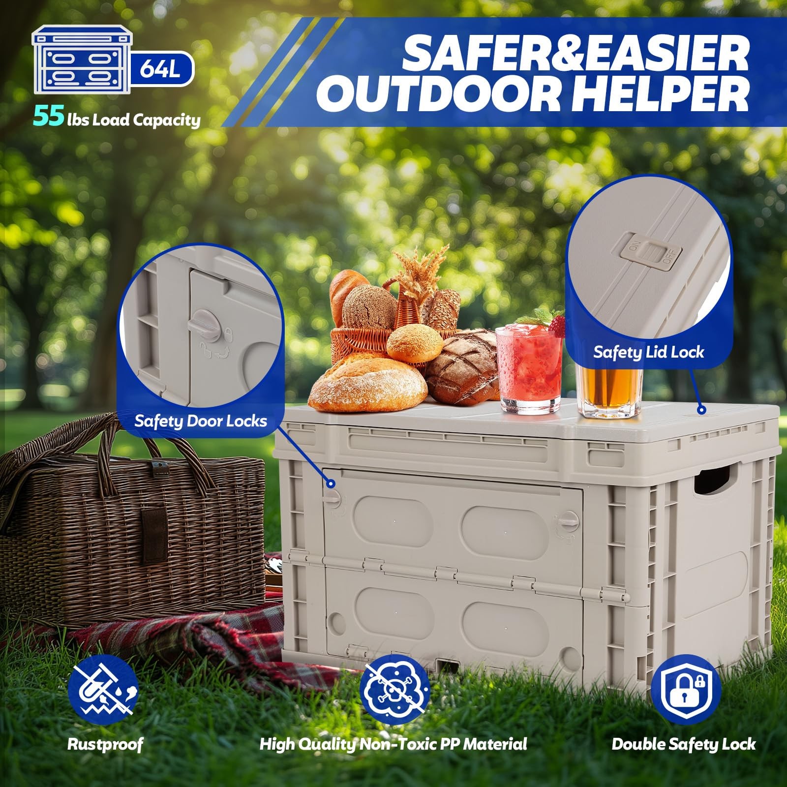 Collapsible Storage Bins with Lids,Stackable Utility Crates with Grey Large