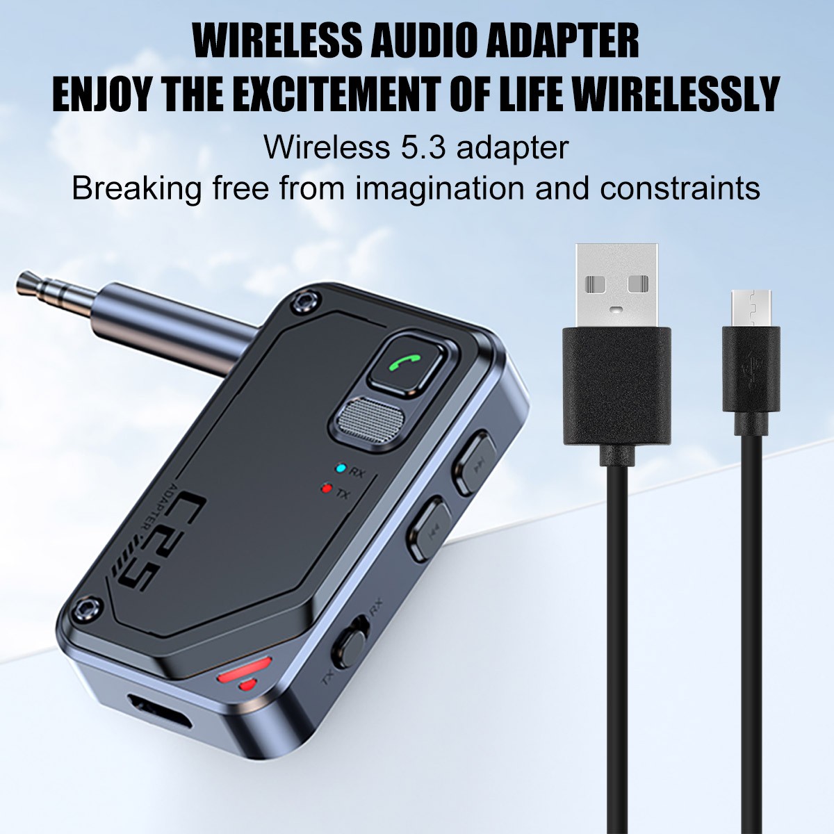 2in1 Transmitter Receiver Bluetooth 5.3 Car Wireless Audio Adapter USB 3.5mm Aux