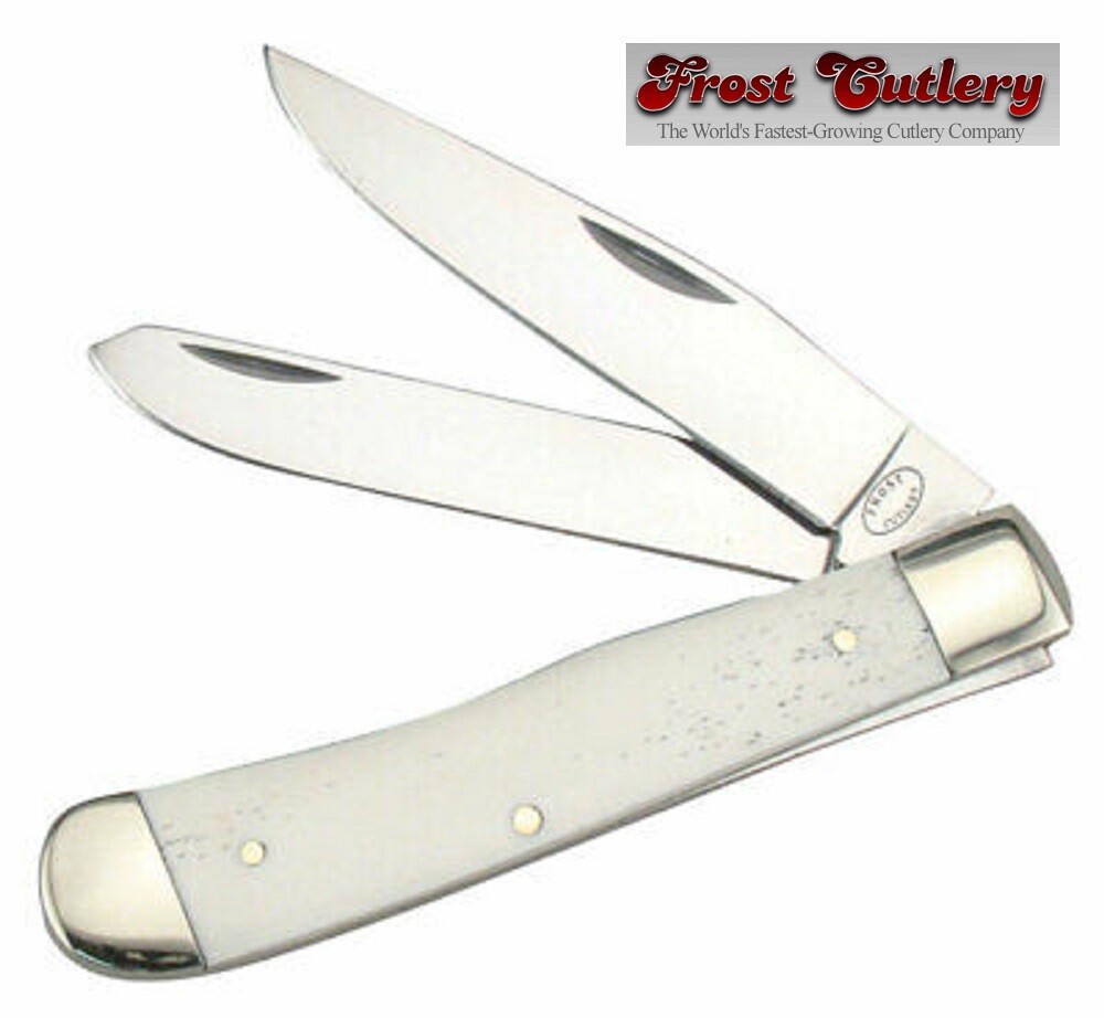 Frost Cutlery Large Smooth White Bone Handle Trapper Pocket Knife - NEW